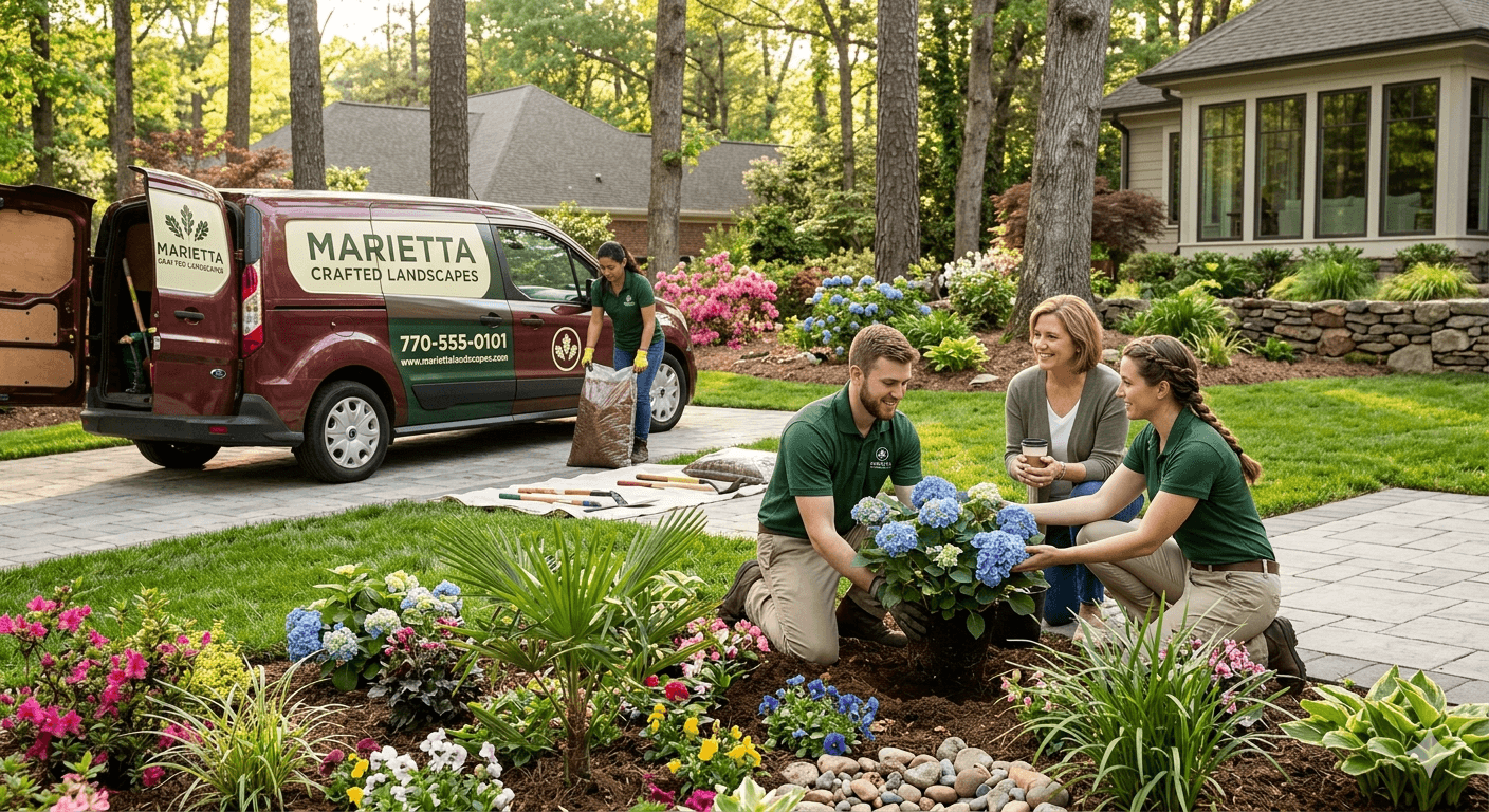 Landscaping crew planting hydrangeas in a front yard with a Crafted Landscapes van